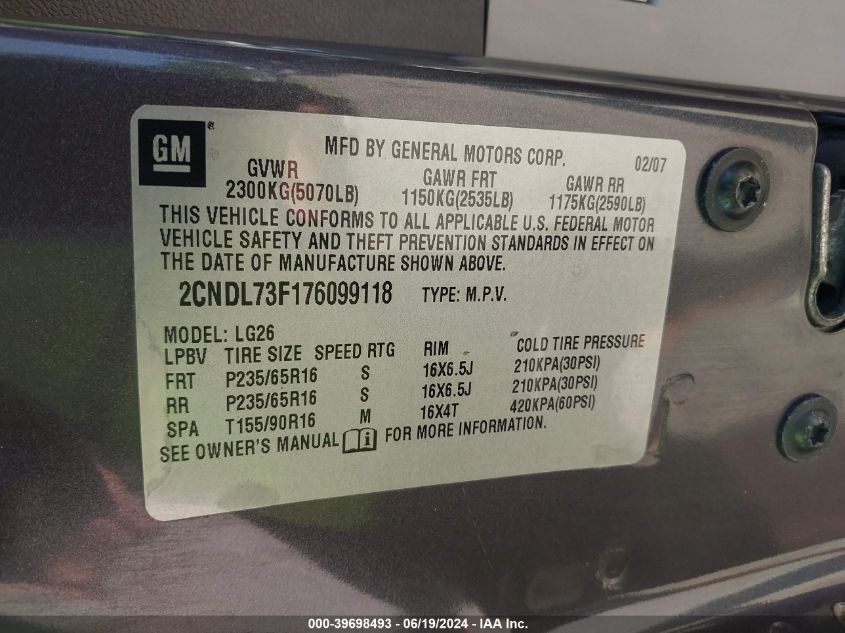 2007 Chevrolet Equinox Lt VIN: 2CNDL73F176099118 Lot: 39698493