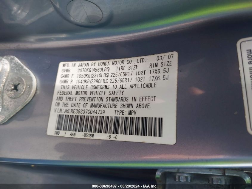 2007 Honda Cr-V Lx VIN: JHLRE38337C044739 Lot: 39698497