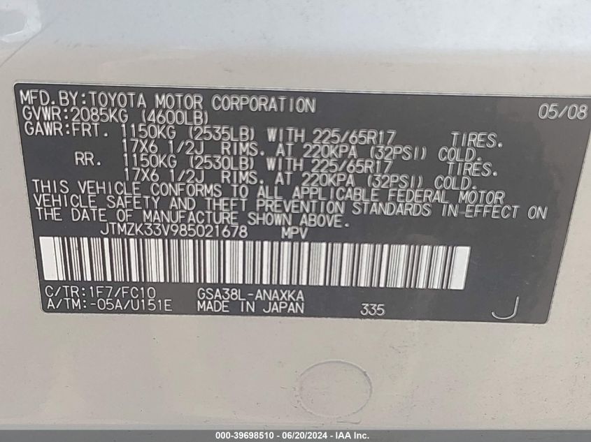 2008 Toyota Rav4 Base V6 VIN: JTMZK33V985021678 Lot: 39698510