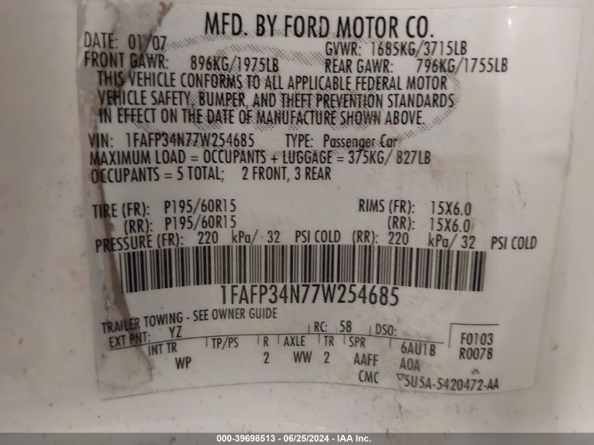 2007 Ford Focus S/Se/Ses VIN: 1FAFP34N77W254685 Lot: 39698513