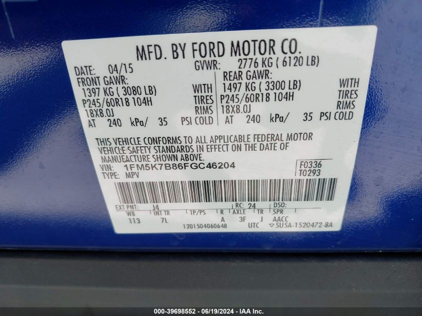 2015 Ford Explorer VIN: 1FM5K7B86FGC46204 Lot: 39698552