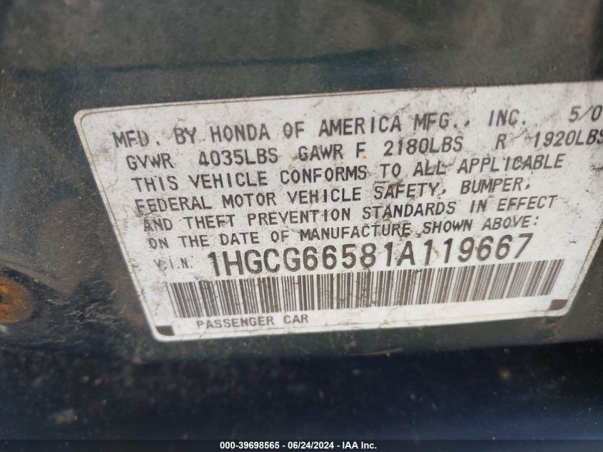 2001 Honda Accord 2.3 Lx VIN: 1HGCG66581A119667 Lot: 39698565