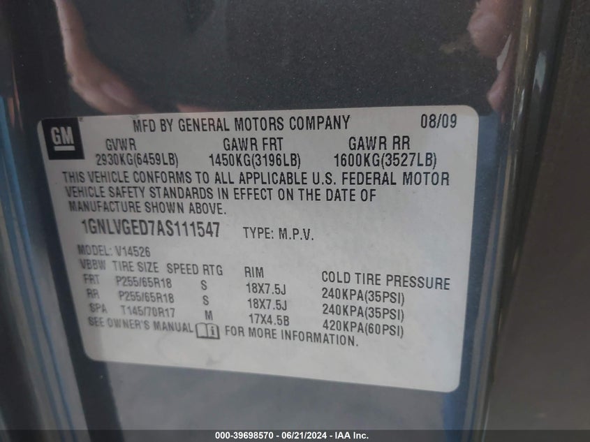 2010 Chevrolet Traverse Lt VIN: 1GNLVGED7AS111547 Lot: 39698570