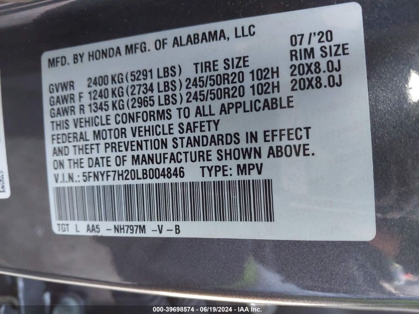 2020 Honda Passport 2Wd Sport VIN: 5FNYF7H20LB004846 Lot: 39698574