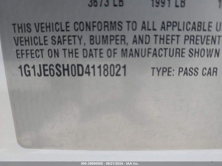 2013 Chevrolet Sonic Ltz Auto VIN: 1G1JE6SH0D4118021 Lot: 39698585