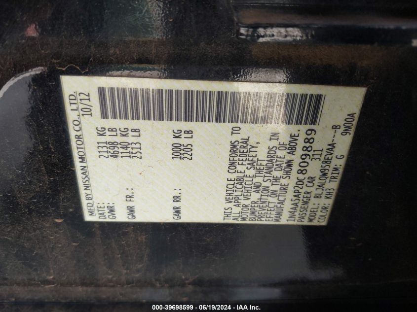 2013 Nissan Maxima 3.5 S VIN: 1N4AA5AP2DC809889 Lot: 39698599