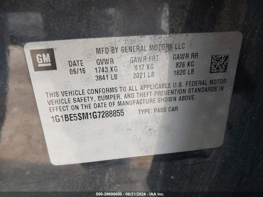 2016 Chevrolet Cruze Lt VIN: 1G1BE5SM1G7288855 Lot: 39698600