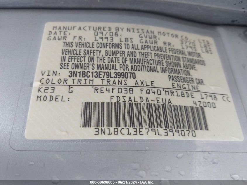2009 Nissan Versa 1.8S VIN: 3N1BC13E79L399070 Lot: 39698605