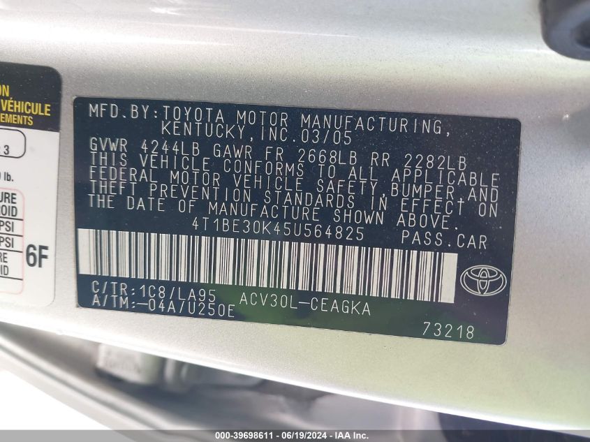 2005 Toyota Camry Xle VIN: 4T1BE30K45U564825 Lot: 39698611