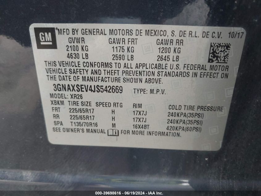 2018 Chevrolet Equinox Lt VIN: 3GNAXSEV4JS542669 Lot: 39698616