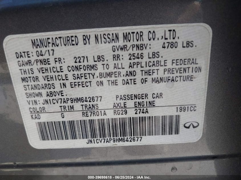 2017 Infiniti Q50 2.0T Premium VIN: JN1CV7AP9HM642677 Lot: 39698618