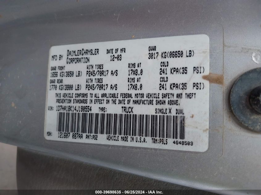 2004 Dodge Ram 1500 St VIN: 1D7HA18K14J190554 Lot: 39698635