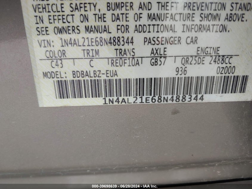 2008 Nissan Altima 2.5 S VIN: 1N4AL21E68N488344 Lot: 39698639