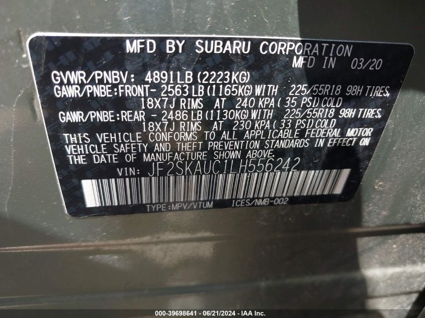 2020 Subaru Forester Limited VIN: JF2SKAUC1LH556242 Lot: 39698641