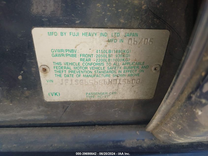 2006 Subaru Forester 2.5X VIN: JF1SG65686H715600 Lot: 39698642