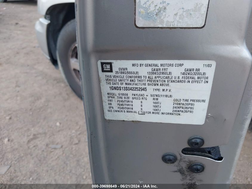 2004 Chevrolet Trailblazer Ls VIN: 1GNDS13S042252945 Lot: 39698649