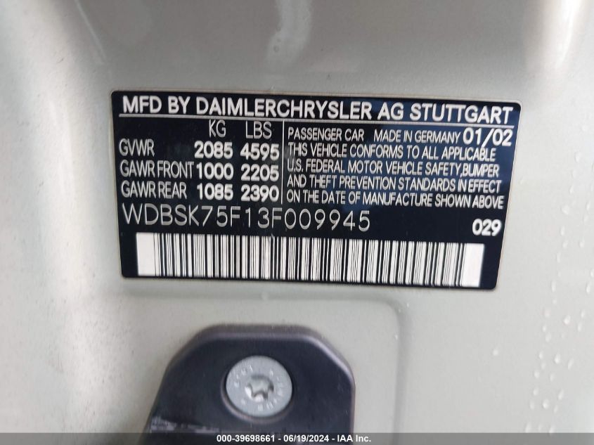 2003 Mercedes-Benz Sl 500 VIN: WDBSK75F13F009945 Lot: 39698661