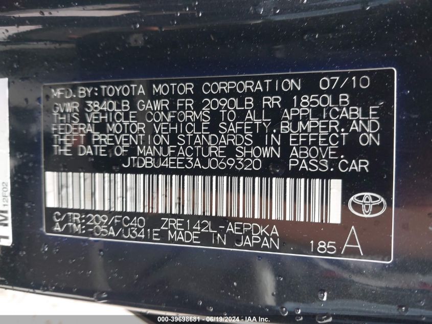 2010 Toyota Corolla Le VIN: JTDBU4EE3AJ069320 Lot: 39698681