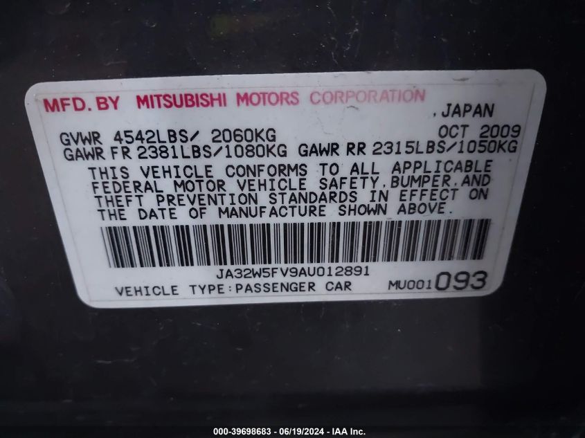 2010 Mitsubishi Lancer Evolution Mr VIN: JA32W5FV9AU012891 Lot: 39698683