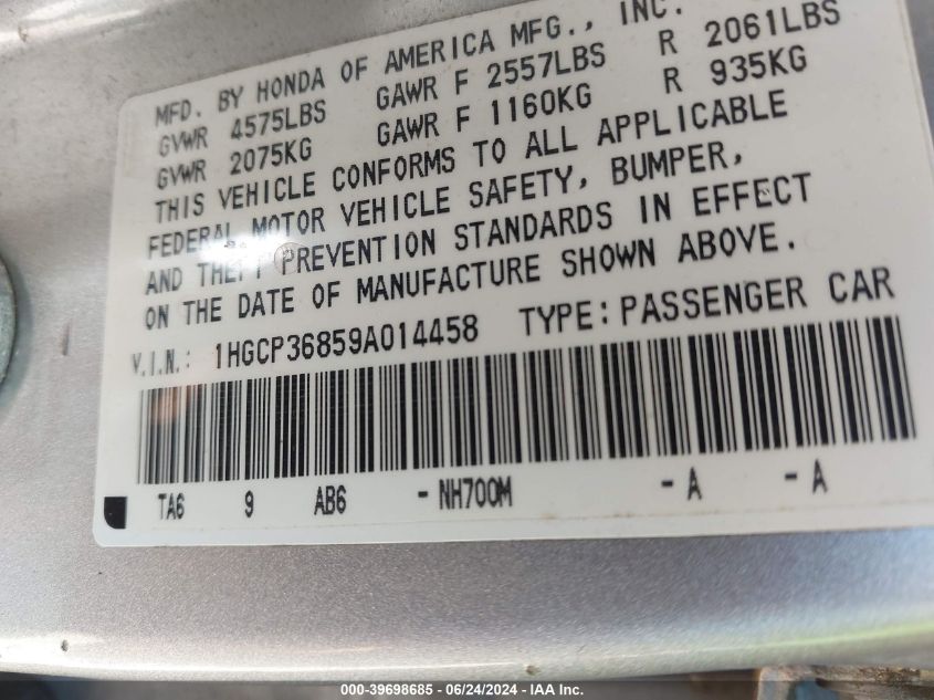2009 Honda Accord 3.5 Ex-L VIN: 1HGCP36859A014458 Lot: 39698685
