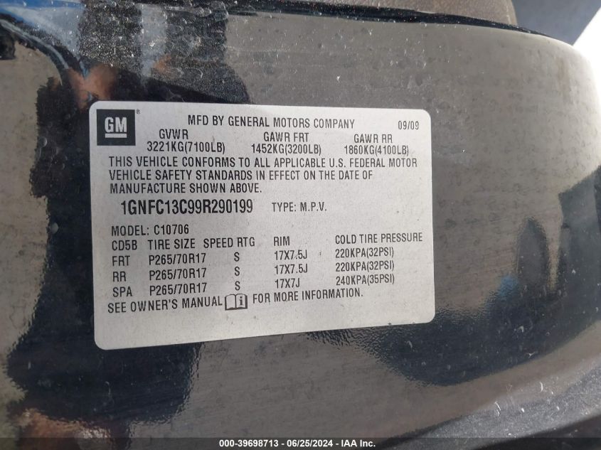 2009 Chevrolet Tahoe Ls VIN: 1GNFC13C99R290199 Lot: 39698713