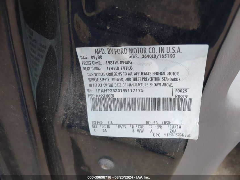 2001 Ford Focus Zts VIN: 1FAHP38301W117175 Lot: 39698718