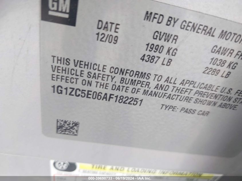 2010 Chevrolet Malibu Lt VIN: 1G1ZC5E06AF182251 Lot: 39698733