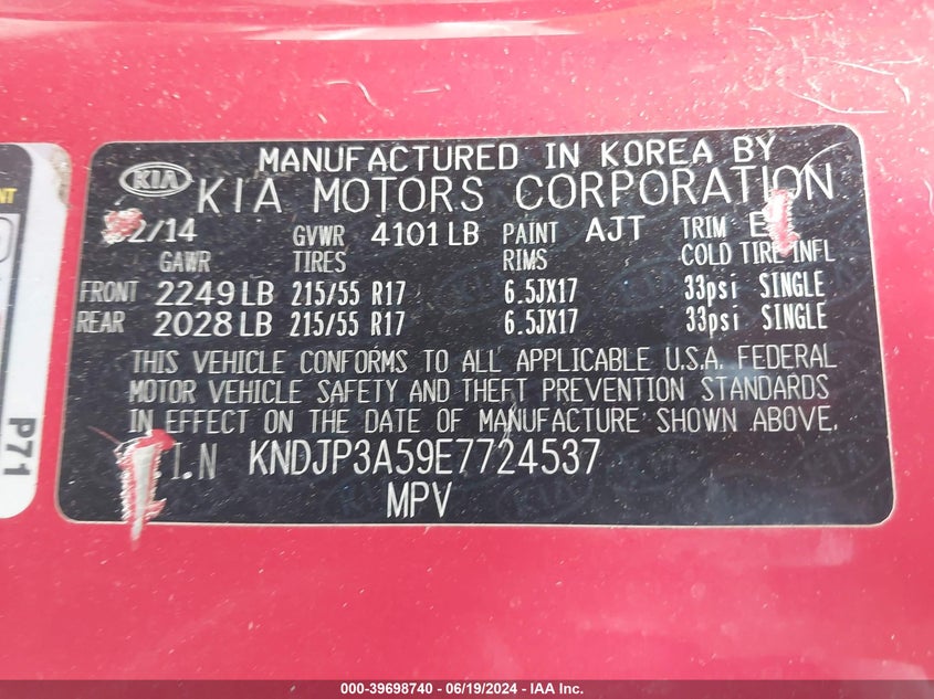 2014 Kia Soul + VIN: KNDJP3A59E7724537 Lot: 39698740