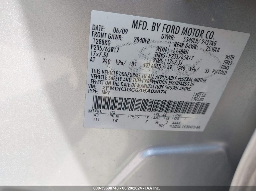 2010 Ford Edge Se VIN: 2FMDK3GC6ABA02974 Lot: 39698748