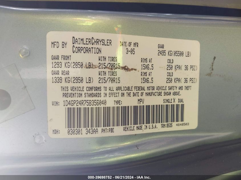 2005 Dodge Grand Caravan Se VIN: 1D4GP24R75B356040 Lot: 39698752