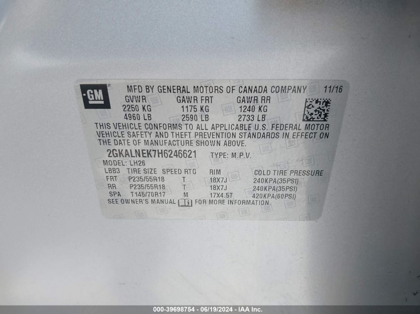 2017 GMC Terrain Sle-2 VIN: 2GKALNEK7H6246621 Lot: 39698754