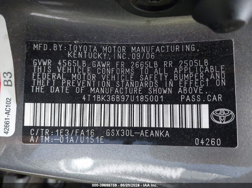 2007 Toyota Avalon Xl VIN: 4T1BK36B97U185001 Lot: 39698759