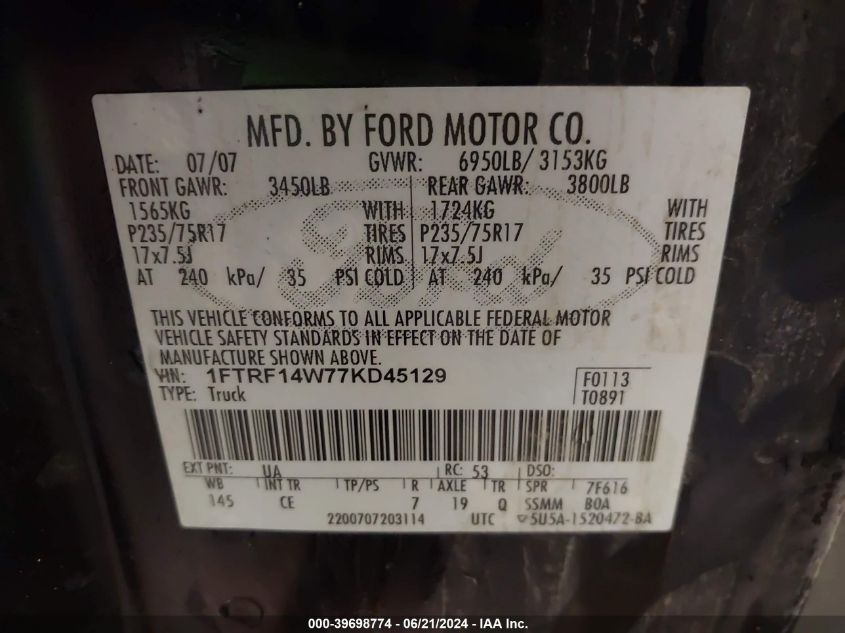 2007 Ford F150 VIN: 1FTRF14W77KD45129 Lot: 39698774
