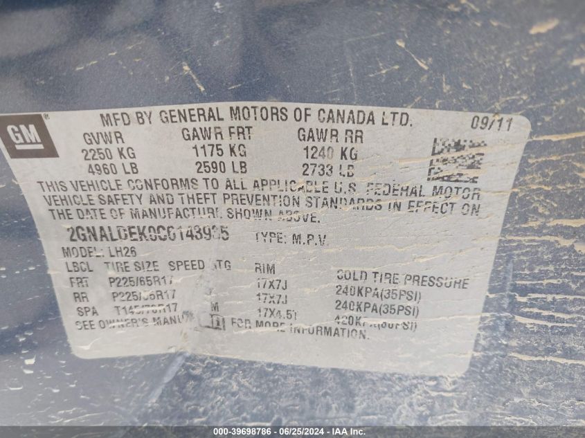 2012 Chevrolet Equinox 1Lt VIN: 2GNALDEK0C6143935 Lot: 39698786