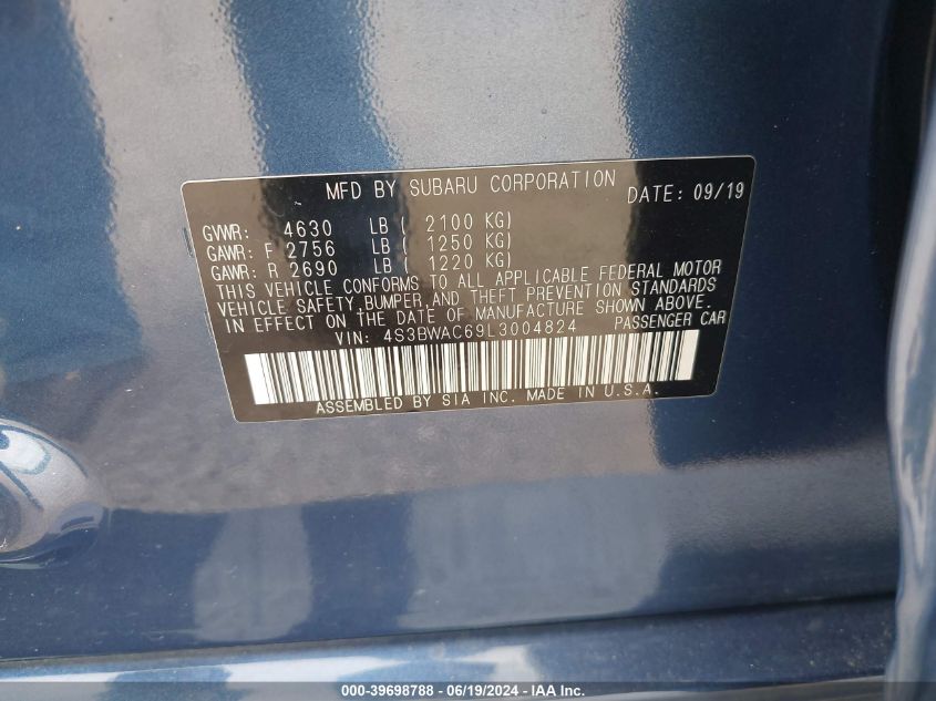 2020 Subaru Legacy Premium VIN: 4S3BWAC69L3004824 Lot: 39698788