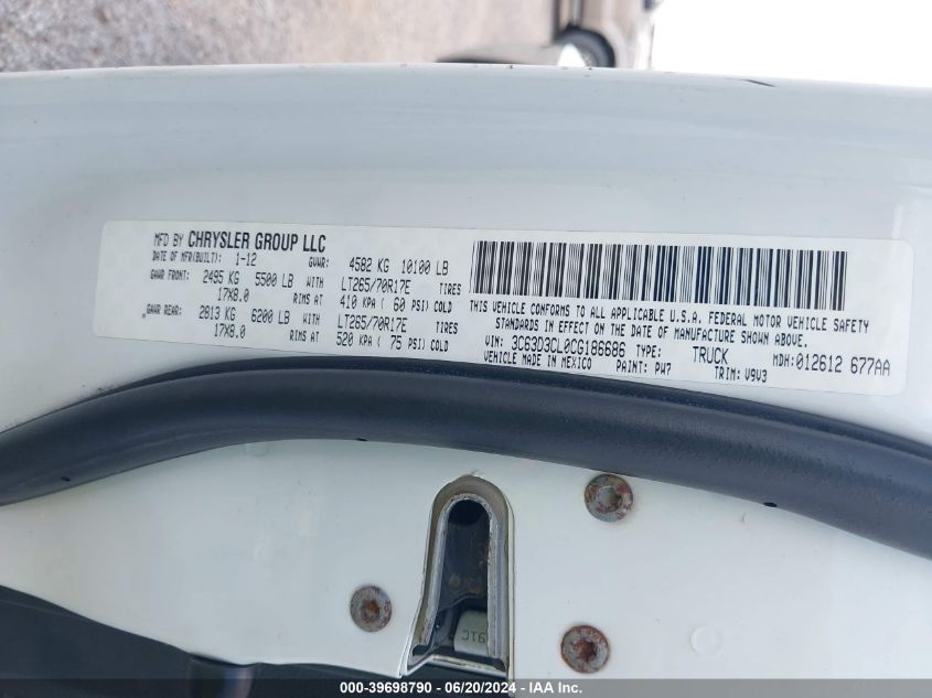 2012 Ram 3500 St VIN: 3C63D3CL0CG186686 Lot: 39698790