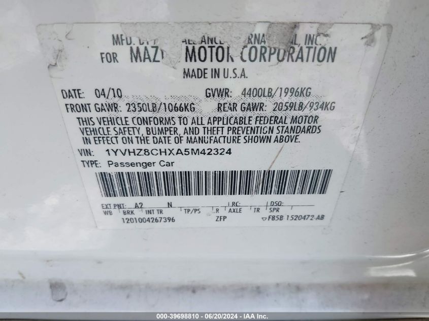 2010 Mazda 6 I VIN: 1YVHZ8CHXA5M42324 Lot: 39698810