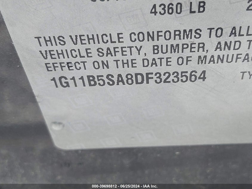 2013 Chevrolet Malibu 1Ls VIN: 1G11B5SA8DF323564 Lot: 39698812