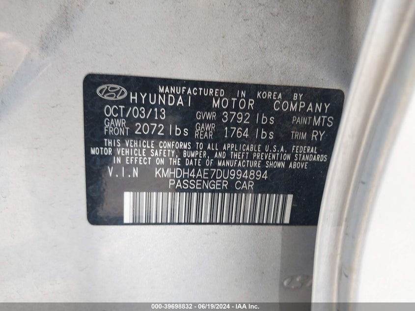 2013 Hyundai Elantra Limited VIN: KMHDH4AE7DU994894 Lot: 39698832
