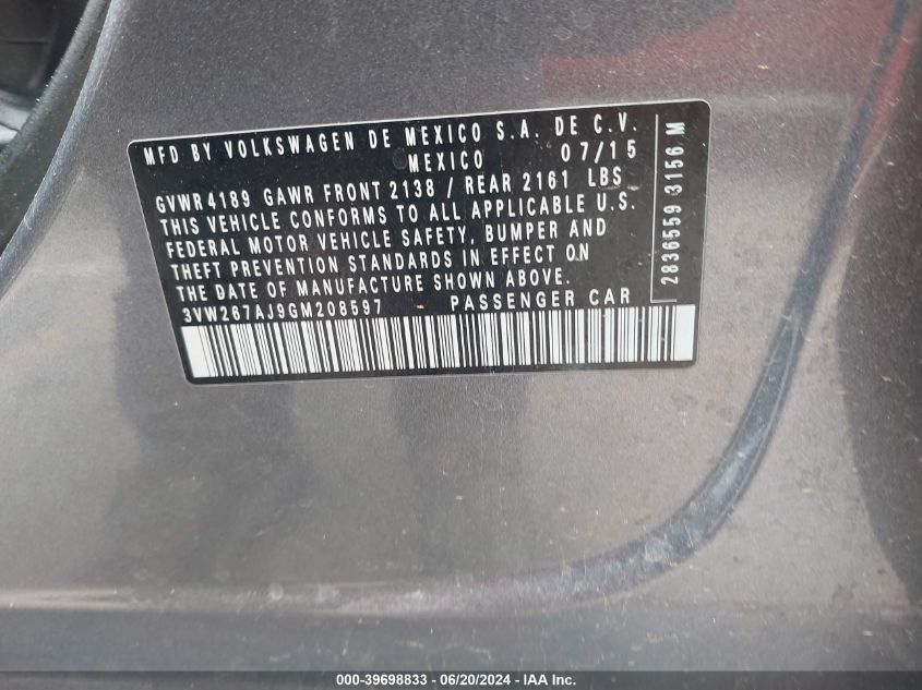 2016 Volkswagen Jetta Sedan S VIN: 3VW267AJ9GM208597 Lot: 39698833