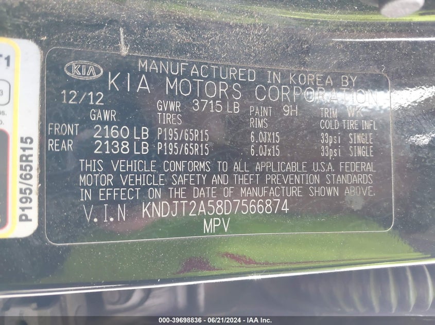 2013 Kia Soul VIN: KNDJT2A58D7566874 Lot: 39698836
