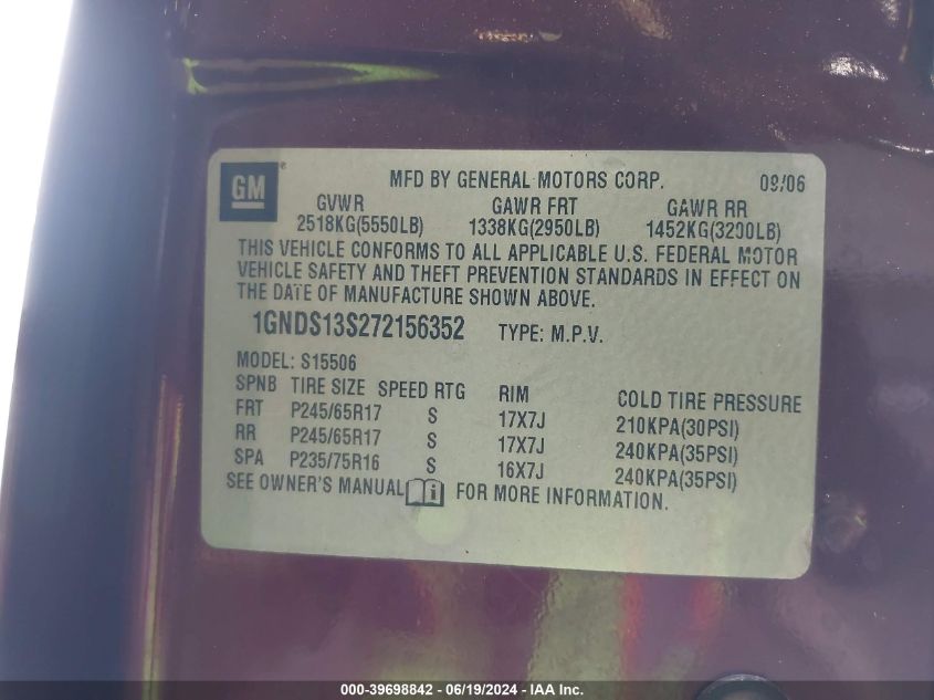 2007 Chevrolet Trailblazer Ls/Lt VIN: 1GNDS13S272156352 Lot: 39698842