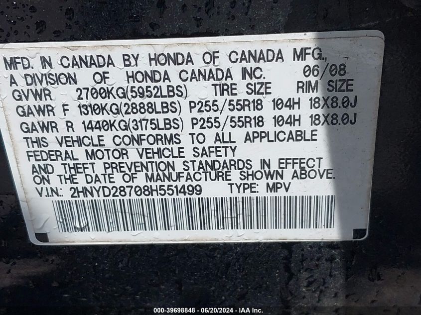 2008 Acura Mdx Sport Package VIN: 2HNYD28708H551499 Lot: 39698848