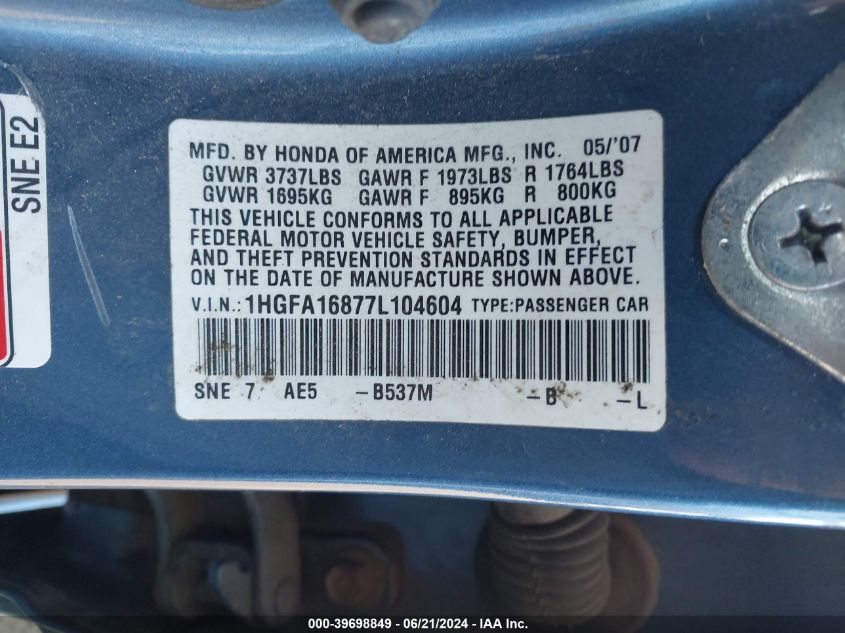 2007 Honda Civic Sdn Ex VIN: 1HGFA16877L104604 Lot: 39698849