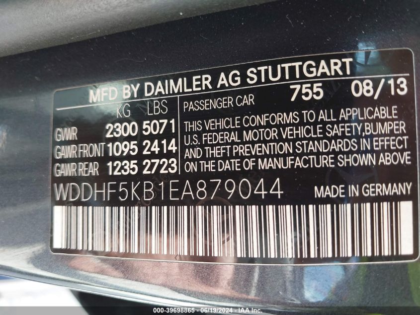 2014 Mercedes-Benz E 350 VIN: WDDHF5KB1EA879044 Lot: 39698865