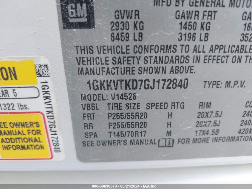 2016 GMC Acadia Denali VIN: 1GKKVTKD7GJ172840 Lot: 39698870
