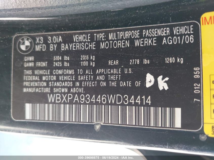 2006 BMW X3 3.0I VIN: WBXPA93446WD34414 Lot: 39698875