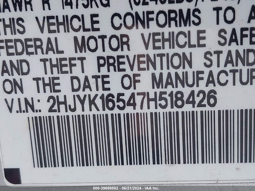 2007 Honda Ridgeline Rtl VIN: 2HJYK16547H518426 Lot: 39698882