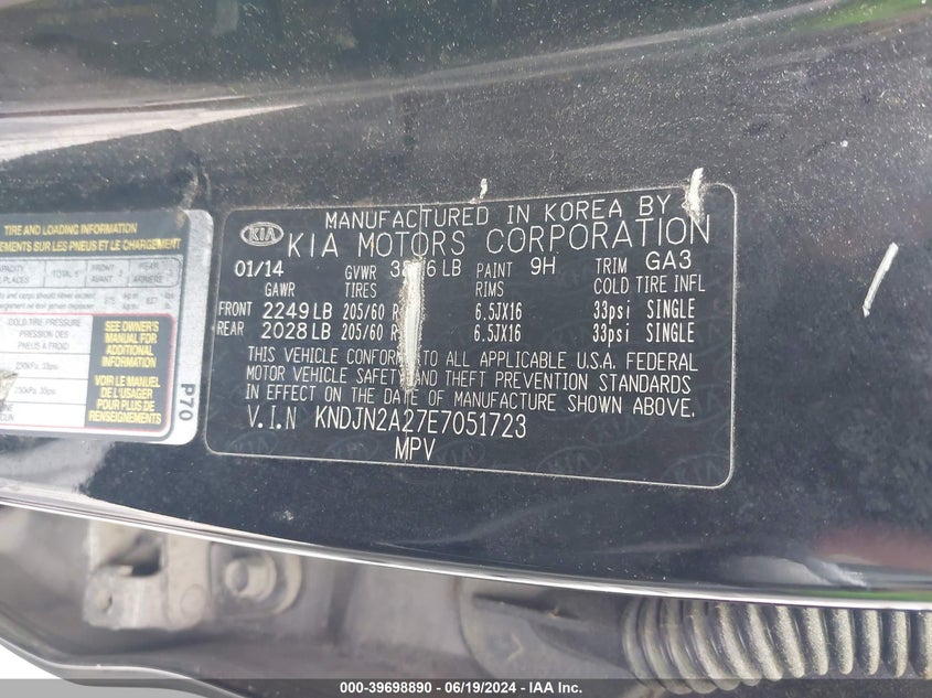 2014 Kia Soul VIN: KNDJN2A27E7051723 Lot: 39698890