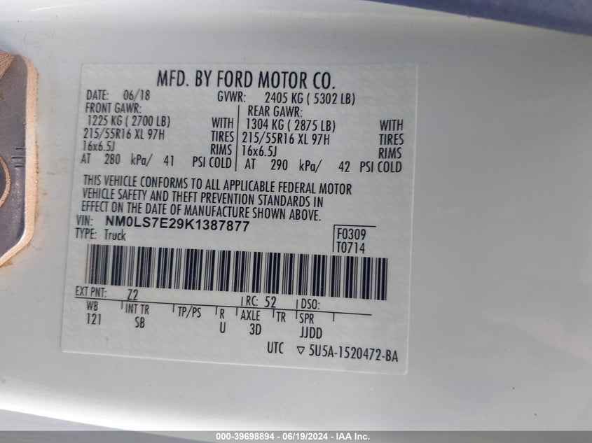 2019 FORD TRANSIT CONNECT XL - NM0LS7E29K1387877